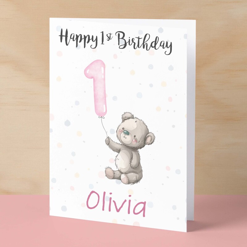 Personalised 1st, 2nd, 3rd, 4th, 5th Birthday Card for Daughter, Granddaughter, Niece, Goddaughter Girls Teddy Bear Card - 1 - One - Blank Message