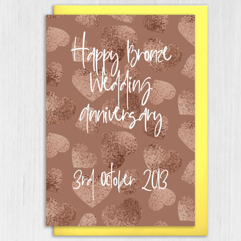 Personalised Bronze (8th/eight years) anniversary card: Personalised with date (Size A6/A5/A4/Square 6x6") - A6: Single card