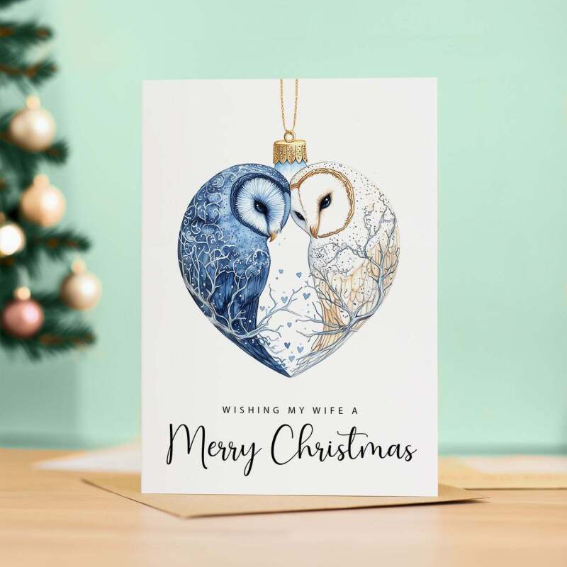 Christmas Card For Wife Owls Bauble Love Heart Illustration Romantic Christmas Card For Wife - Portrait (5x7) / Blank Inside