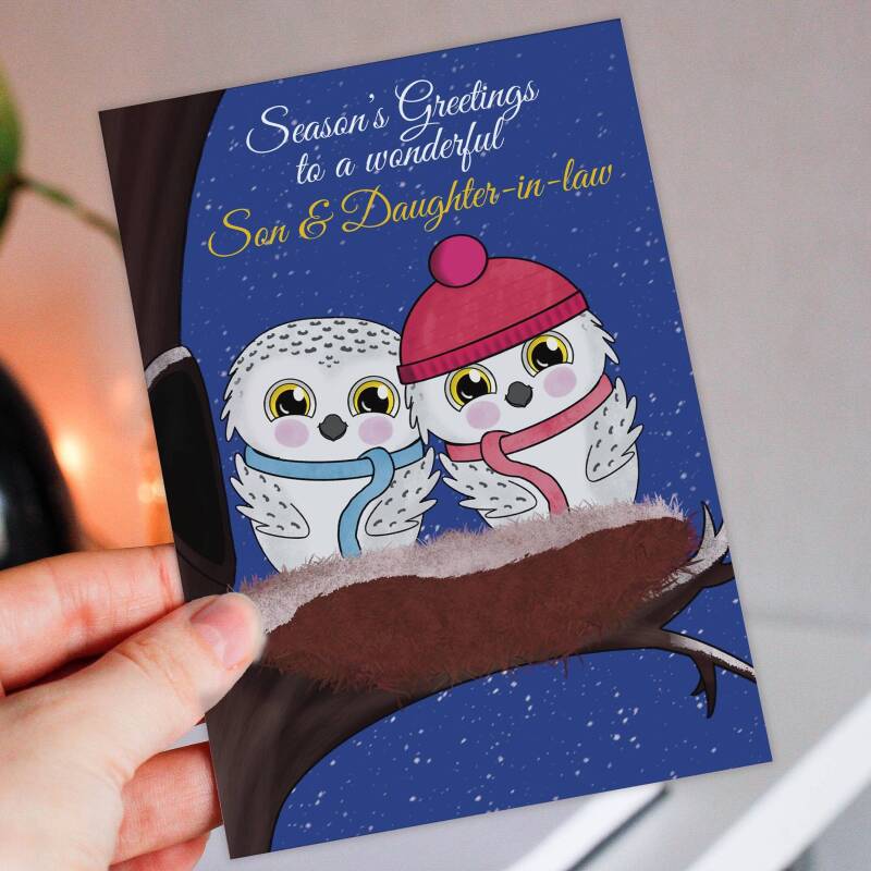 Season's Greetings to a wonderful couple personalised owls Christmas, Holidays, Xmas, festive card for couple, in-laws (Size A6/A5/A4) - A6: Single card