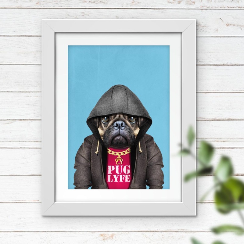 Pug dog in clothes, animal print, wall art - A5 - Glossy - Blue