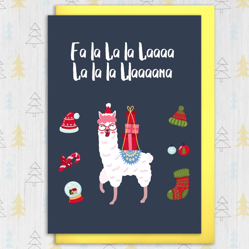 Fa la la la la llama alpaca in santa hat Christmas, Holidays card for friends, mates, buddies, male, female (Size A6/A5/A4/Square 6x6") - A6: Single card