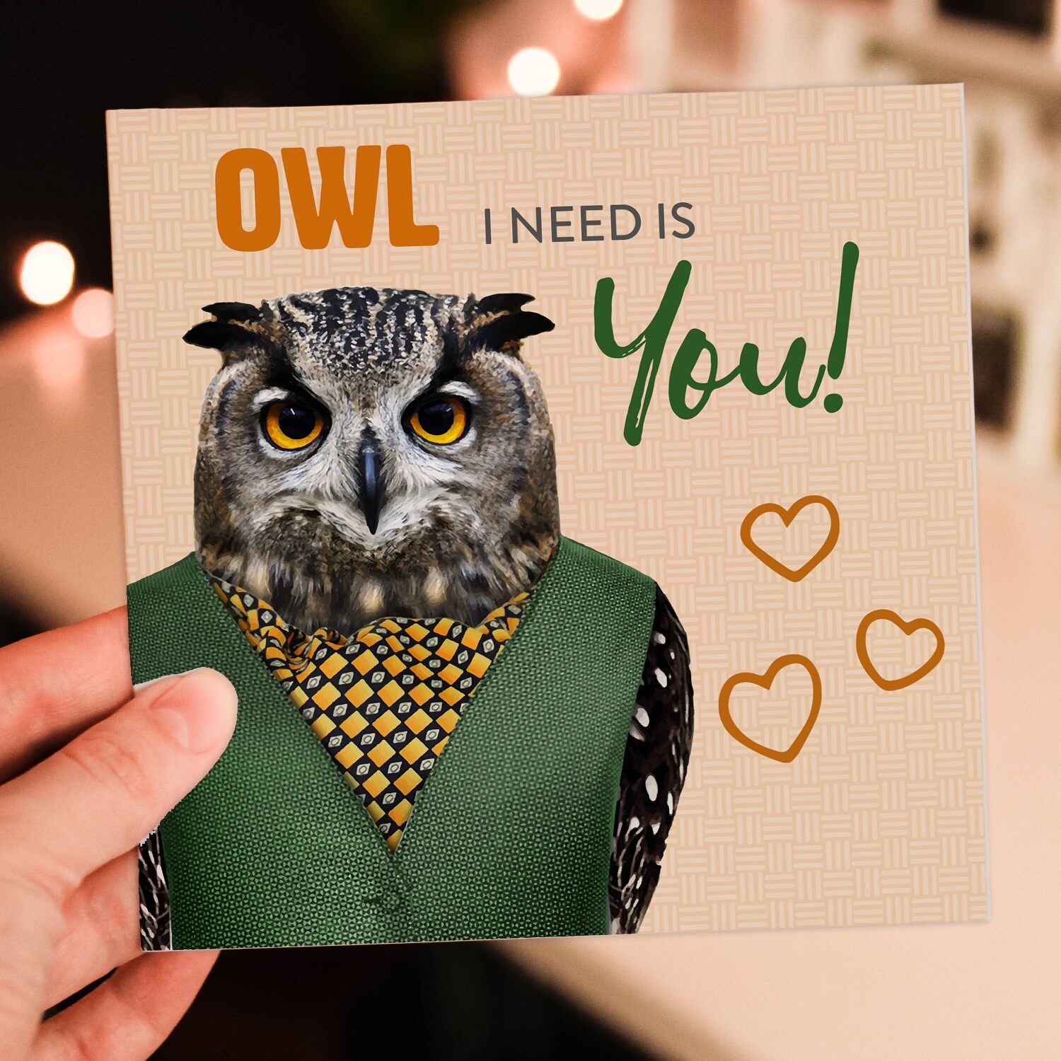 Owl I need is you cute owl, bird in clothes Valentine’s Day card for wife, husband, partner (Animalyser) (Size A6/A5/A4/Square 6x6") - A6: Single card