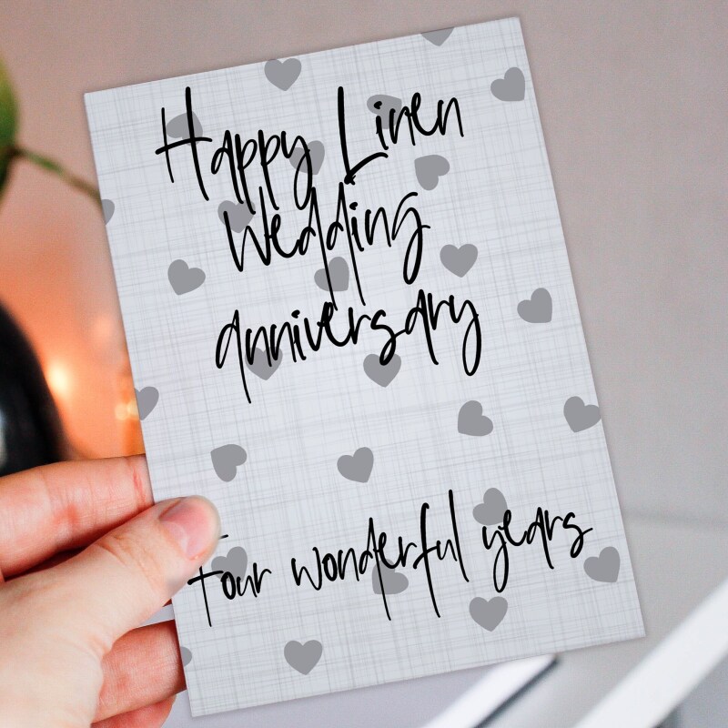 Linen 4th/four years anniversary card: Four wonderful years (Size A6/A5/A4/Square 6x6") - A6: Single card