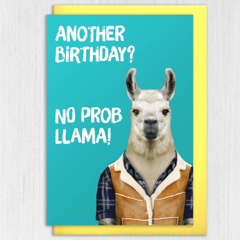 Another birthday? No prob llama funny animal in clothes birthday card for old man, lady, person (Animalyser) (Size A6/A5/A4/Square 6x6") - A6: Single card