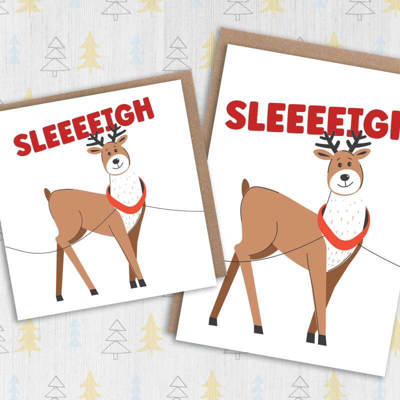 Sleeeeigh funny reindeer slay LGBTQ+ gay, lesbian Christmas card for adults, male, female, friends, mates (Size A6/A5/A4/Square 6x6") - A6: Single card