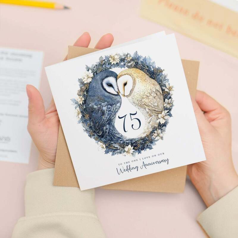 75th Wedding Anniversary Card Pretty Owl Design 75 Year Anniversary Diamond Wedding Anniversary Card - Square (5.5x5.5) / Blank Inside