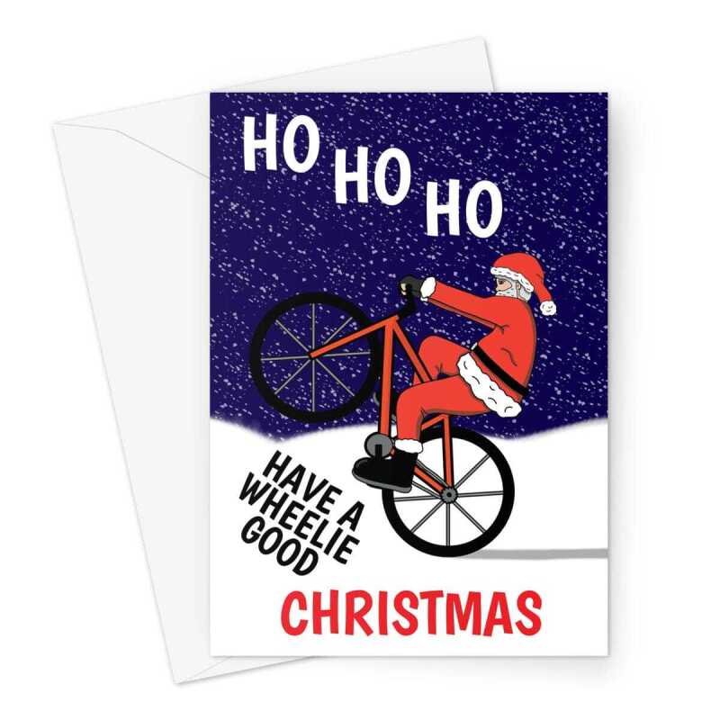 Merry Christmas Card - Funny Wheelie Good Cycling Santa - A5 Greeting Card - A5 Portrait - 1 Card