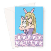 Happy Easter Card - Cute Anime Girl And Bunny