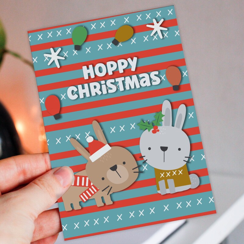 Hoppy Christmas funny, cute rabbit, bunny, pet Christmas, holidays, festive card for children, child, kids (Size A6/A5/A4/Square 6x6") - A6: Single card