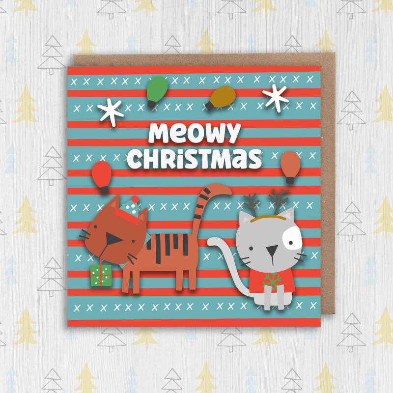 Meowy Christmas funny, cute cat, kitten, feline, pet, cat lady, cat owner Christmas, holidays, festive card (Size A6/A5/A4/Square 6x6") - A6: Single card