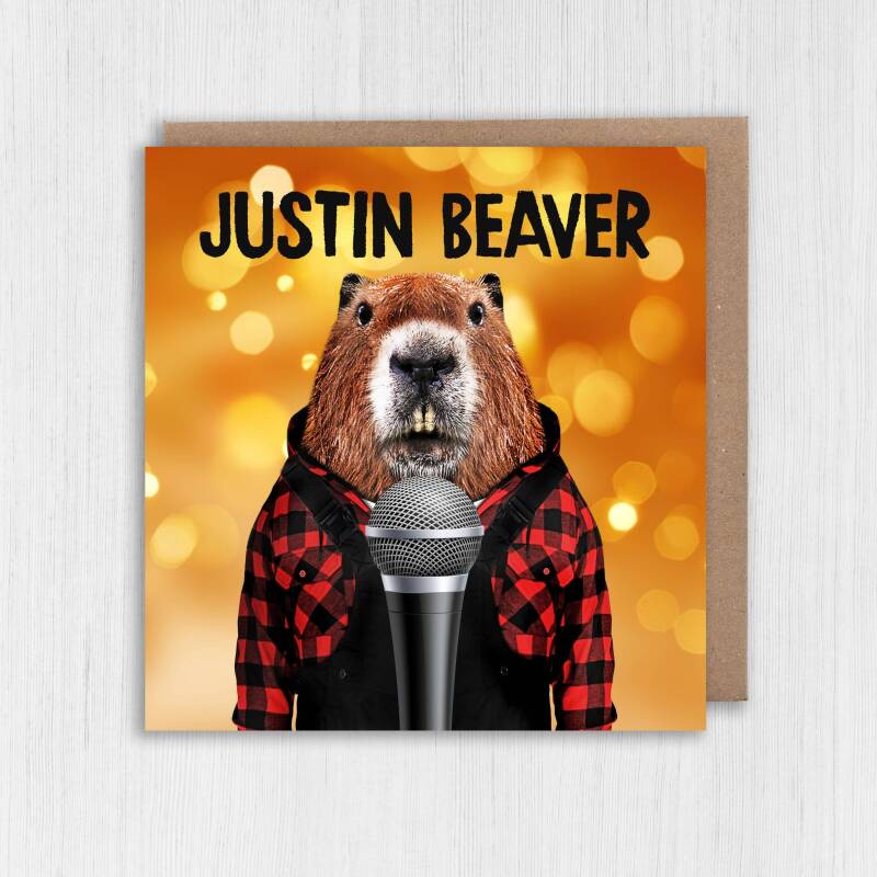 Justin Beaver funny beaver animal in clothes birthday card for children, kids, friend, cousin (Animalyser) (Size A6/A5/A4/Square 6x6") - A6: Single card