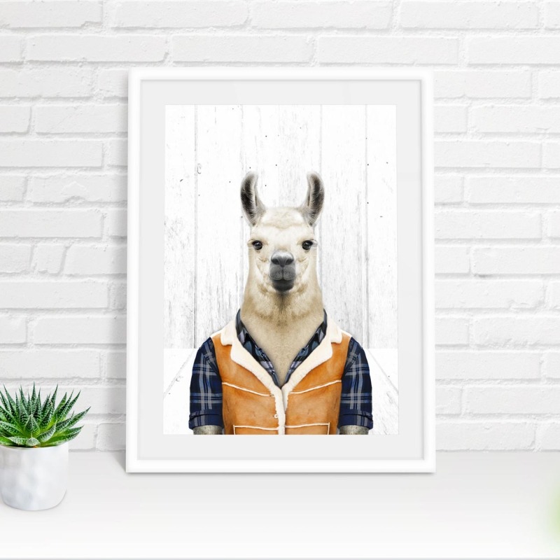 Llama in clothes, animal print, wall art - A5 - Glossy - White wood