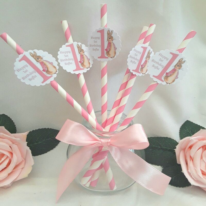 6 Personalised Flopsy Bunny Straws, Flopsy Birthday, Peter Rabbit Straws,ANY AGE - Pink Flopsy