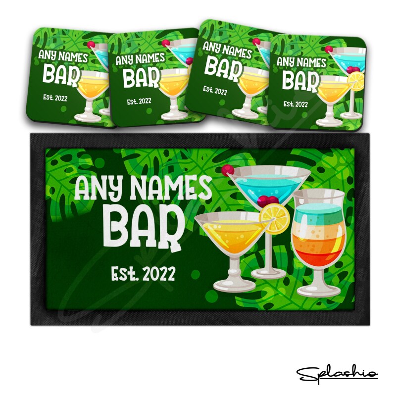 Personalised Bar Runner Mat, Cocktail Bar Custom Beer Mats & 4 x Drinks Coasters Gift Set Garden Bar Sets / Personalised Mats Home Cocktails - Set of 4 Coasters