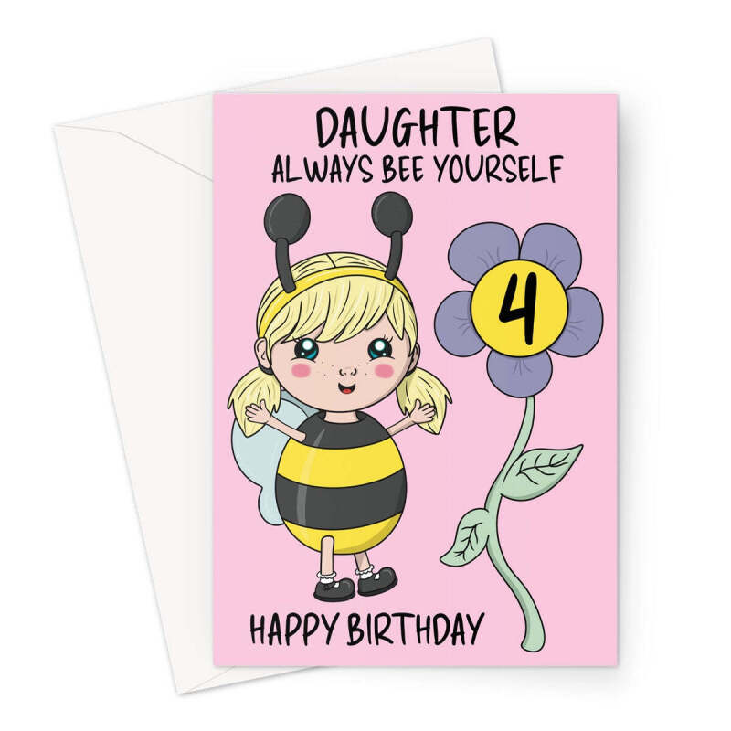 Cute 4th Birthday Card For Daughter - Bumble Bee - A5 Portrait - 1 Card