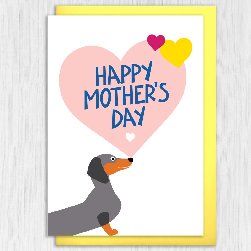 Dachshund dog balancing heart Mother's Day card for dog lover, dog owner, mum, mom, mother, dog mum, dog mom (Size A6/A5/A4/Square 6x6") - A6: Single card