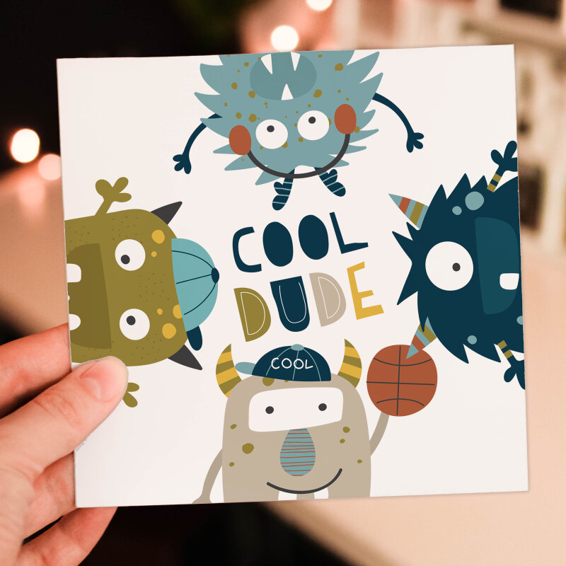 Cool dude monsters birthday card for children, child, kid, boy, girl, niece, nephew, grandson, granddaughter (Size A6/A5/A4/Square 6x6") - A6: Single card
