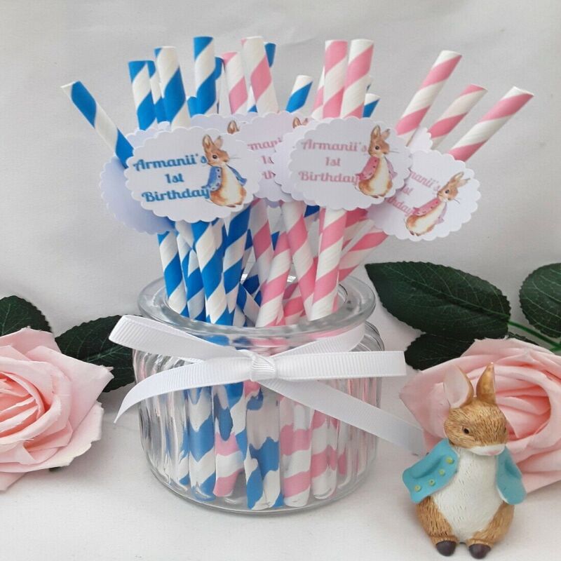 6 Personalised Flopsy Bunny Straws,ANY AGE Flopsy Birthday,Peter Rabbit Straws - Pink