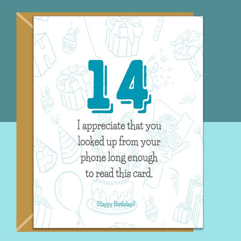 Funny 14th Birthday Card - Personalised - For Him or For Her - For someone turning 14 years old - Greetings Card - Customised if needed - Large - Blank inside