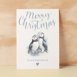 Christmas Card For Her Card For Him Xmas Card For Girlfriend or Boyfriend Christmas Card for Wife Christ Card For Husband Cute Puffins - Large (5x7) / Blank Message