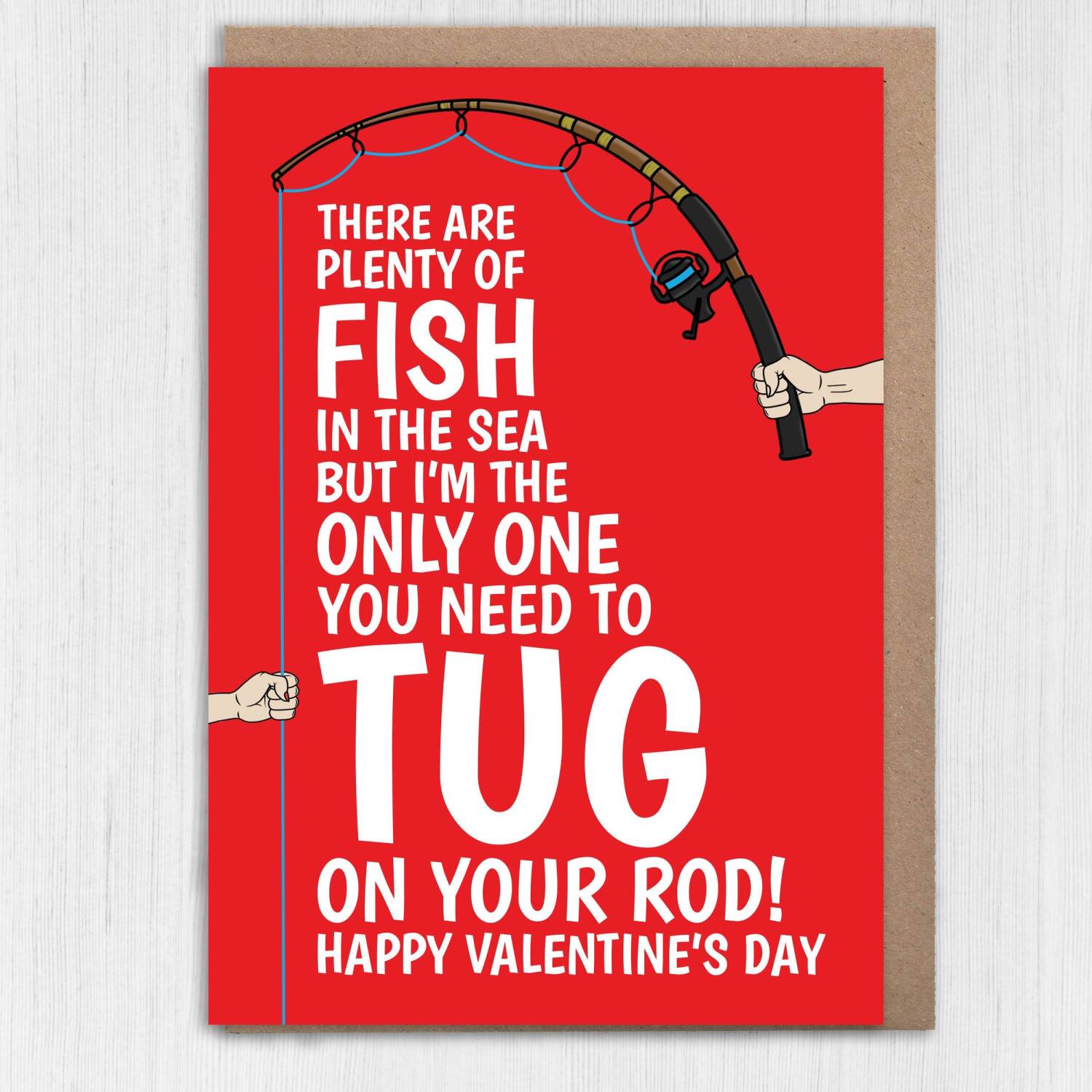 Tug on my rod, tug on your rod funny, rude, fishing Valentine's Day card for wife, husband, girlfriend, boyfriend, partner (Size A6/A5/A4) - A6: Single card - Red