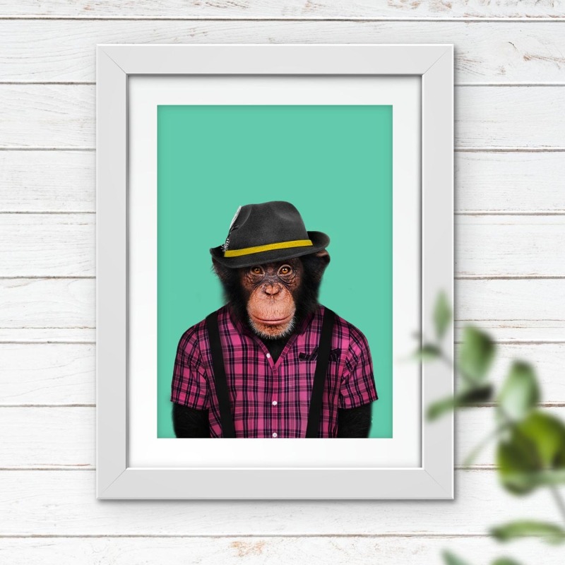 Monkey in clothes, animal print, wall art - A5 - Glossy - Blue