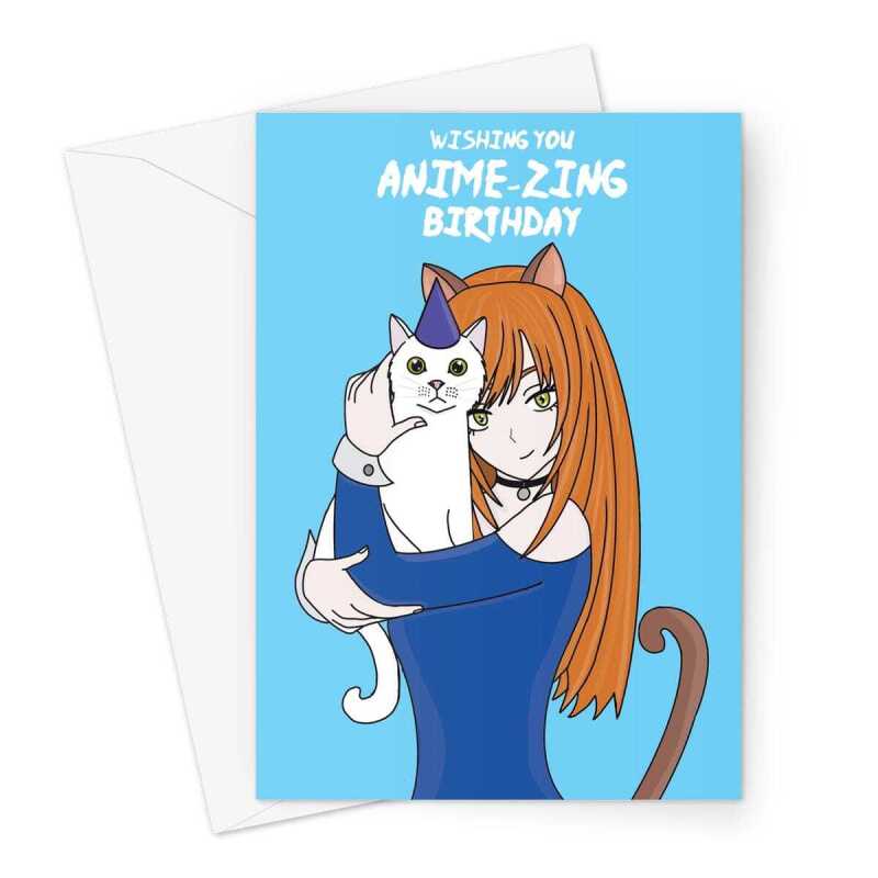 Happy Birthday Card - Anime & Manga Cat Girl - A5 Portrait - 1 Card