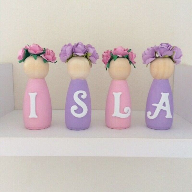 Personalised Wooden Peg Dolls,New Baby Gift,Pink & Grey Nursery,Flowergirl gift - With letters