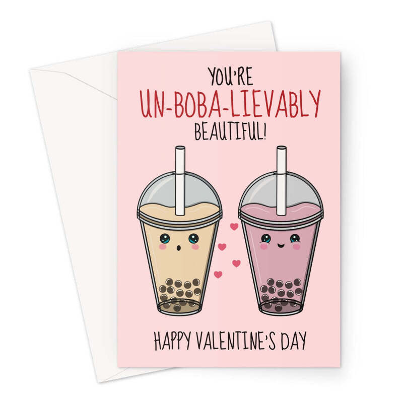 Cute Boba Bubble Tea Valentine's Day Card - A5 Portrait - 1 Card