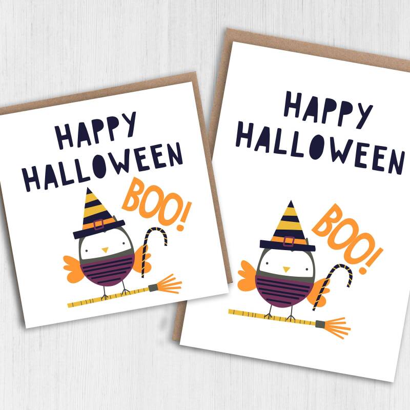 Trick or treat owl, spooky, witch, boo cute Happy Halloween card for children, kids, adults, all ages (Size A6/A5/A4/Square 6x6") - A6: Single card