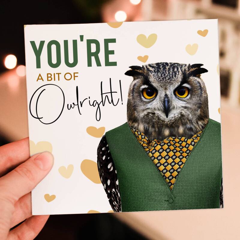 You're a bit of owlright owl in clothes Valentine’s Day card for wife, husband, boyfriend, girlfriend (Animalyser) Size A6/A5/A4/Square 6x6" - A6: Single card