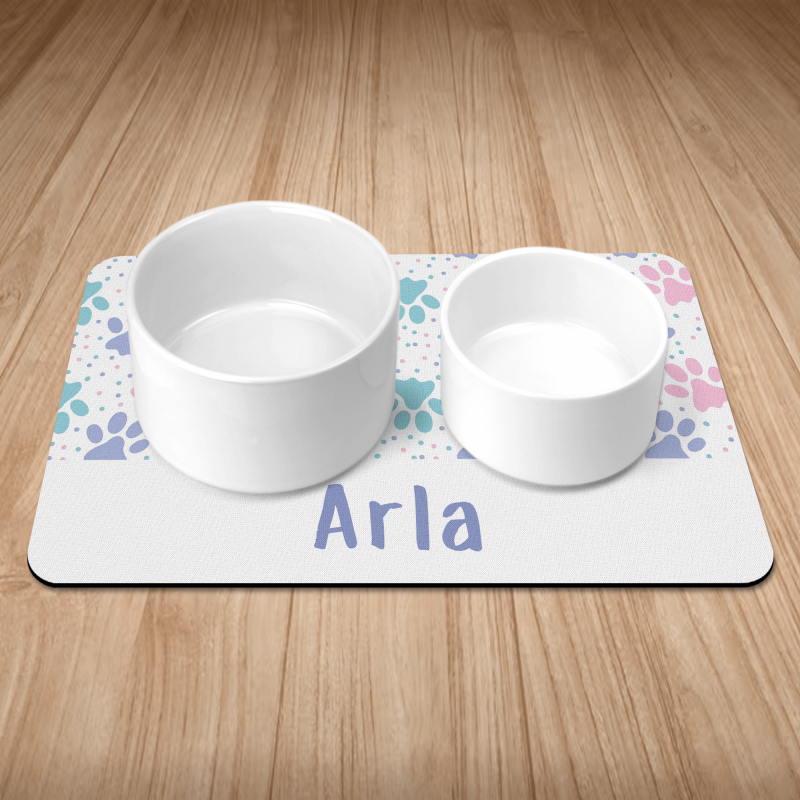 Personalised Pastel Paw Prints Puppy/Dog Bowl Mat