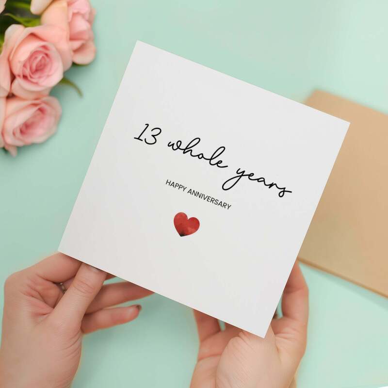 13th Anniversary Card For Wife, Husband, Girlfriend or Boyfriend, Simple Love Heart, Modern & Charming Gesture - Square (5.5x5.5) / Blank Inside