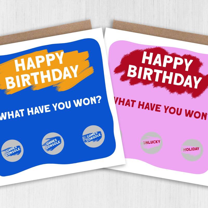 Happy Birthday, what have you won? Scratch off and reveal gift, present card (gold, silver circles) for son, daughter, wife, husband - Blue - Gold