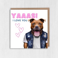 Yaaas! I love you Staffy Staffordshire Bull Terrier dog cute, funny anniversary card for wife, husband (Animalyser) Size A6/A5/A4/Square - A6: Single card