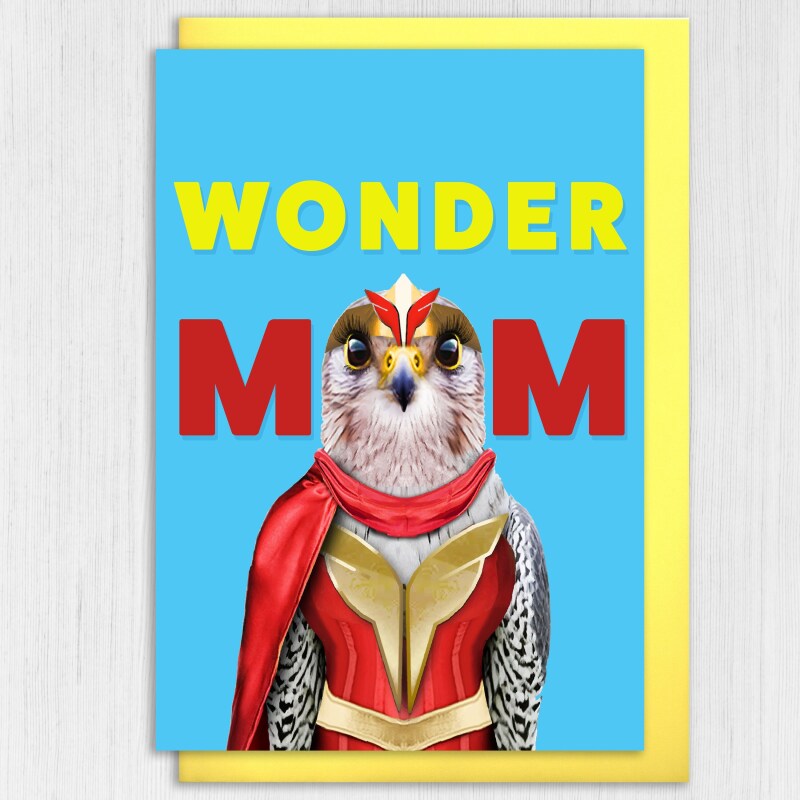 Wonder Mum, Mom falcon in clothes superhero cape Mother's Day card for mother from son, daughter (Animalyser) (Size A6/A5/A4/Square 6x6") - A6: Single card