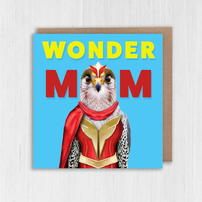 Wonder Mum, Mom falcon in clothes superhero cape Mother's Day card for mother from son, daughter (Animalyser) (Size A6/A5/A4/Square 6x6") - A6: Single card