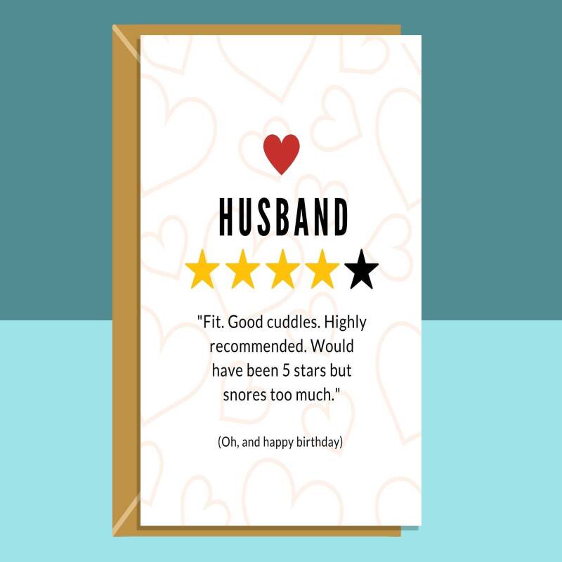 Funny Husband Birthday Card - Snores Too Much - 4 Stars - For husband - Cheeky - Sarcastic - Love - Cute