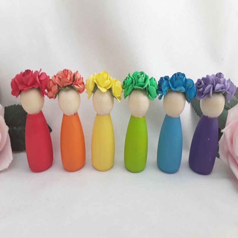 Rainbow Wooden Peg Dolls,New Baby Gift,Rainbow Nursery Decor,Rainbow Baby Gift - Red