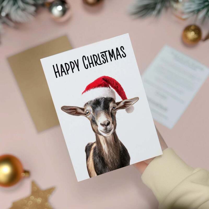 Fun Christmas Card of a Goat Wearing A Santa Hat Whimsical Christmas Card For Animal Lover For Him or Her - Portrait (5x7) / Blank Inside
