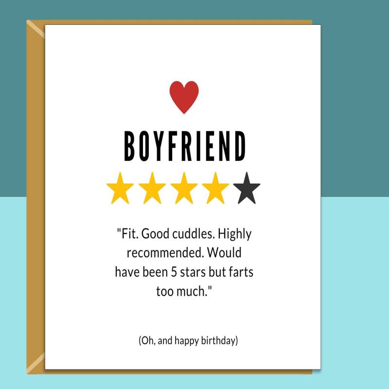 Funny Boyfriend Birthday Card - Farts Too Much - For Him - BF - On his birthday - From Girlfriend or Boyfriend - Can be personalised - Blank inside - Small