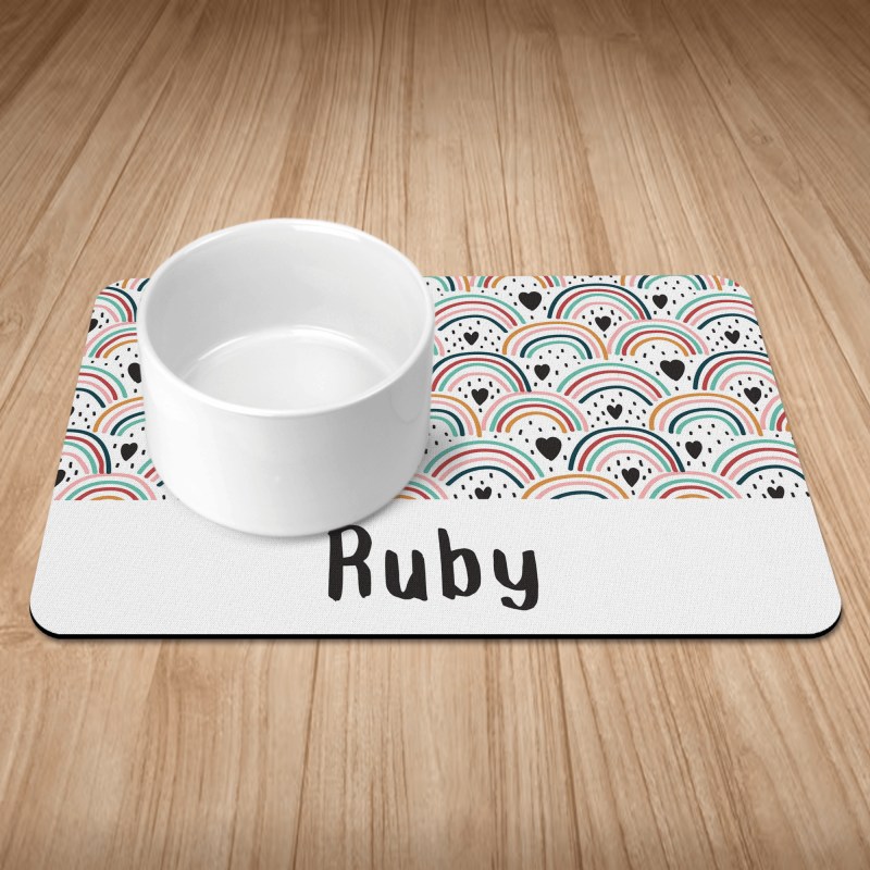 Personalised Boho Rainbow Print Puppy/Dog Bowl Mat
