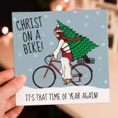 Christ on a Bike funny, rude, offensive, anti-religious, blasphemous Christmas, festive, holidays, Xmas card (Size A6/A5/A4/Square 6x6")