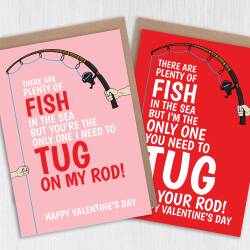 Tug on my rod, tug on your rod funny, rude, fishing Valentine's Day card for wife, husband, girlfriend, boyfriend, partner (Size A6/A5/A4) - A6: Single card - Red