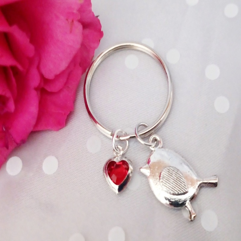 Robin Keyring with Heart Charm - Robin keyring on card