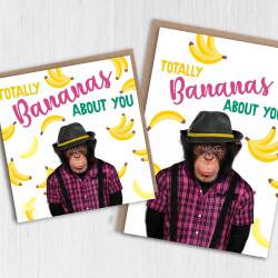 Totally bananas about you monkey in clothes Valentine's card for wife, husband, girlfriend, boyfriend (Animalyser) Size A6/A5/A4/Square 6x6" - A6: Single card