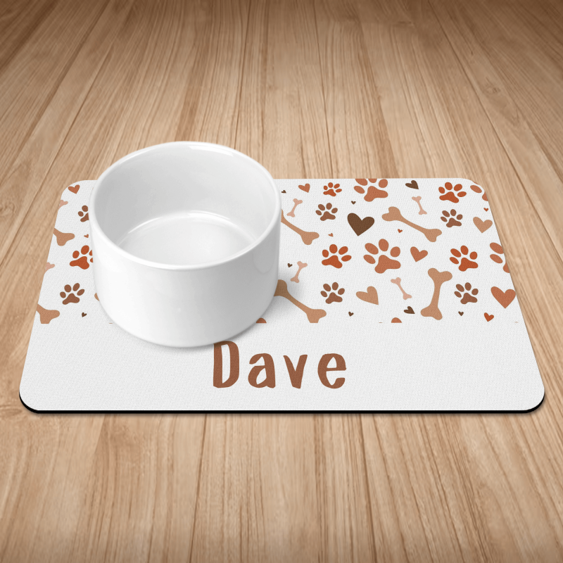 Personalised Brown Paw & Bone Print Puppy/Dog Bowl Mat