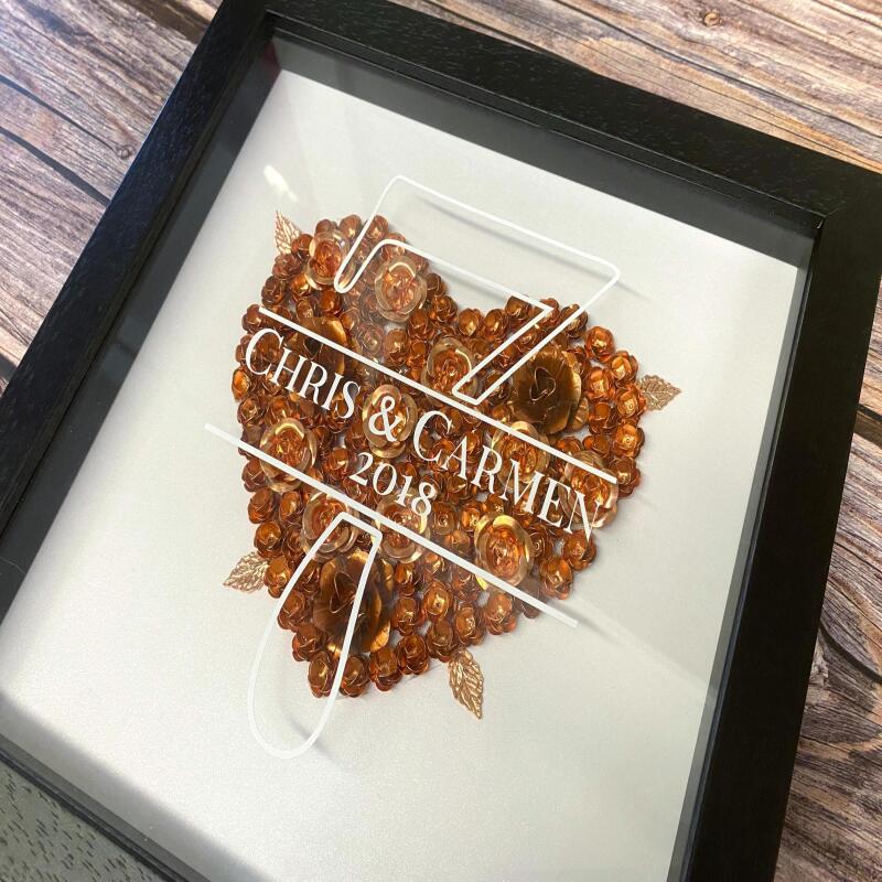 7th Anniversary Gift, Copper Heart Shadow Box, Personalised Copper Flowers, 7 Year Anniversary Frame, Custom Wedding Anniversary Gift - White
