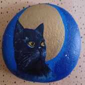 Hand Painted Cat and Moon Stone (Medium)